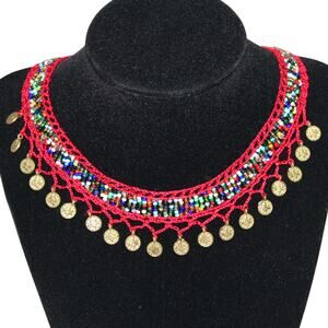 Handmade Turkish Red & Gold Crochet Bead Necklace